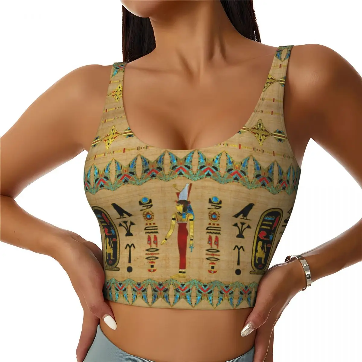 Custom Egyptian Mut Symbol High Impact Sports Bras for Women Ancient Egypt Seamless Workout Running Crop Tank Tops