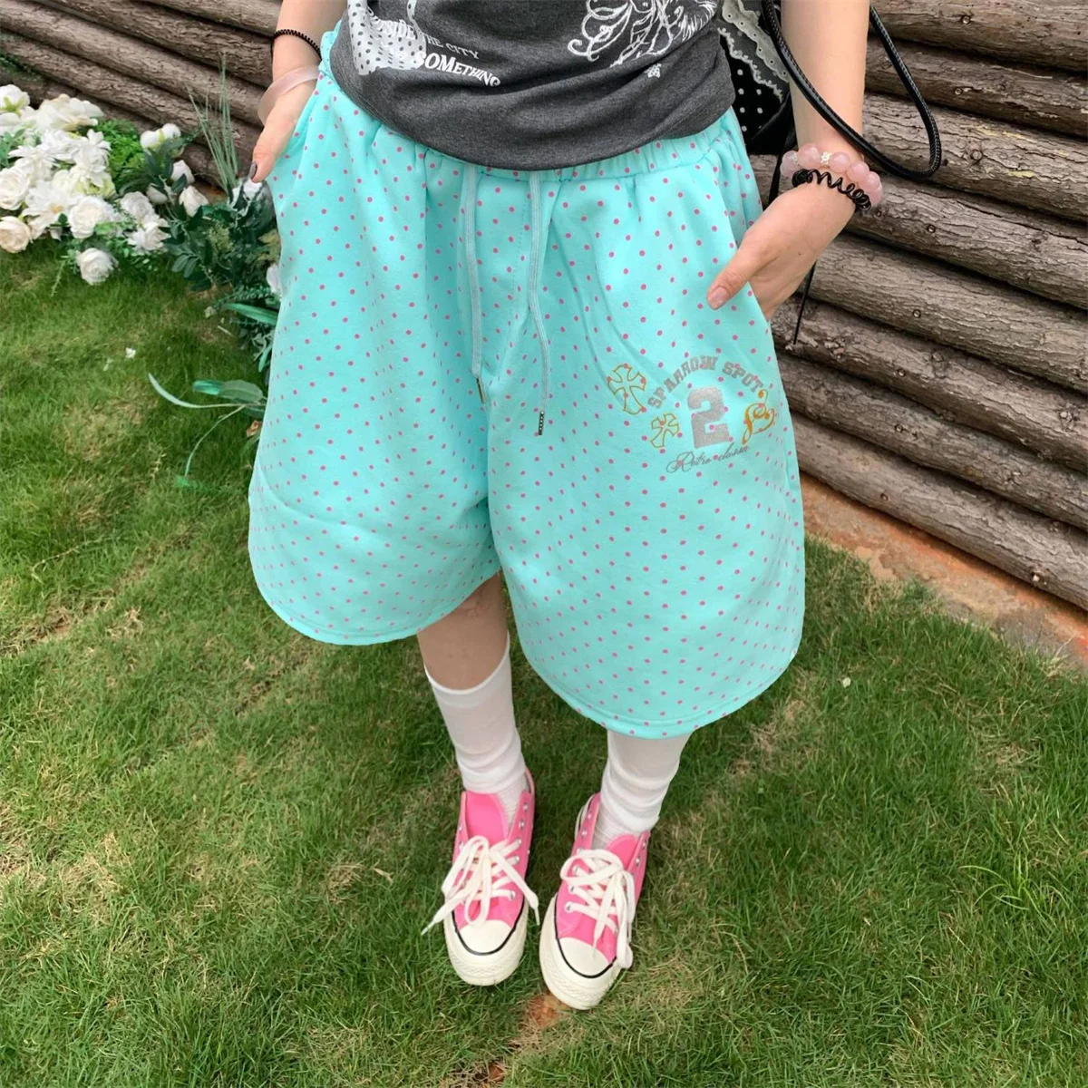Cute Pink Polka Dot Print Sweatpants Loose Lazy Feel Sports Pants Spring New Style Wide Leg Elastic Waist Casual Trousers