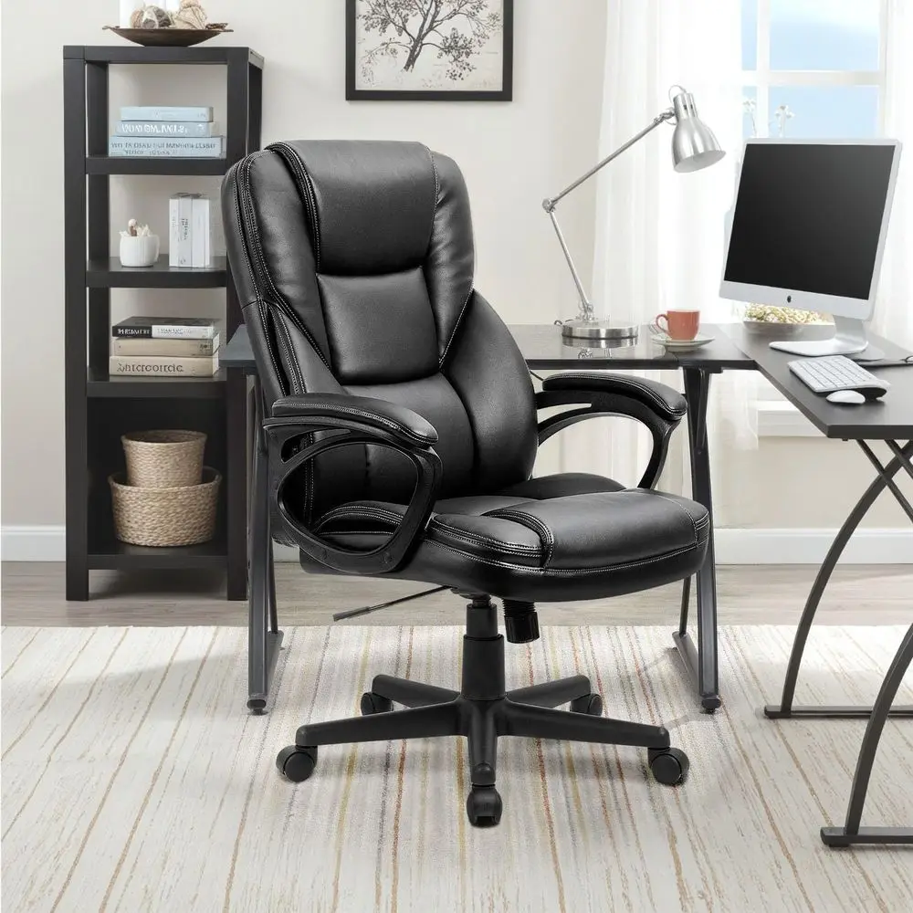 High-Back Swivel PU Leather Office Chair with Adjustable Lumbar Support for Home Desk Use - view 2