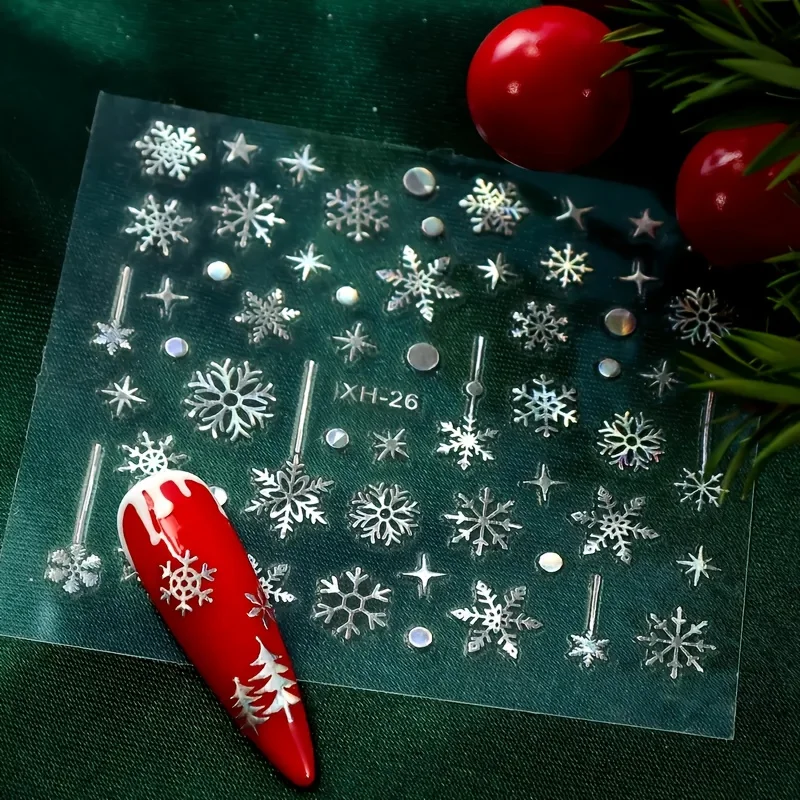 6pcs Christmas Holographic Snowflake Stickers - Self-Adhesive Plastic Decorations with Reindeer