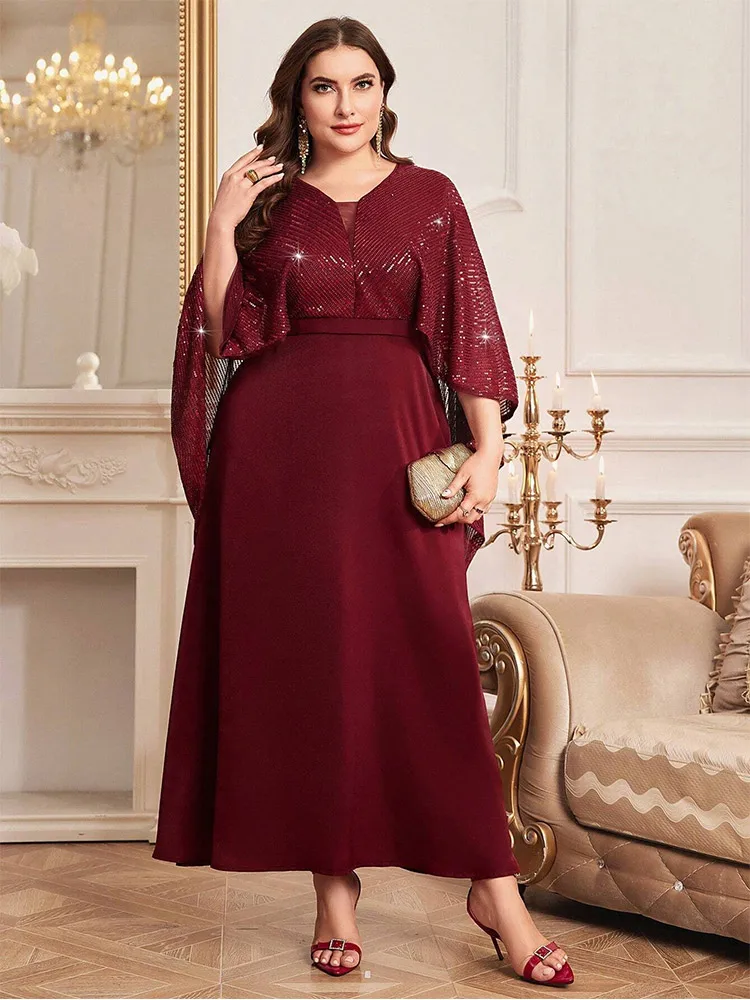 

Plus Size V Neck Sequined Shawl Short Sleeve Bridesmaid Evening Dress 4XL 5XL Big Size Luxurious Sparkling Evening Dress Women