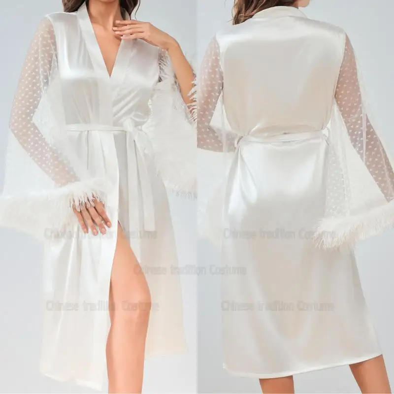 

Bride Wedding Robe Mesh Sleeve Kimono Elegant Satin Bathrobe Gown Short Sleepwear Nightwear Ice Silk Intimate Lingerie Pajamas