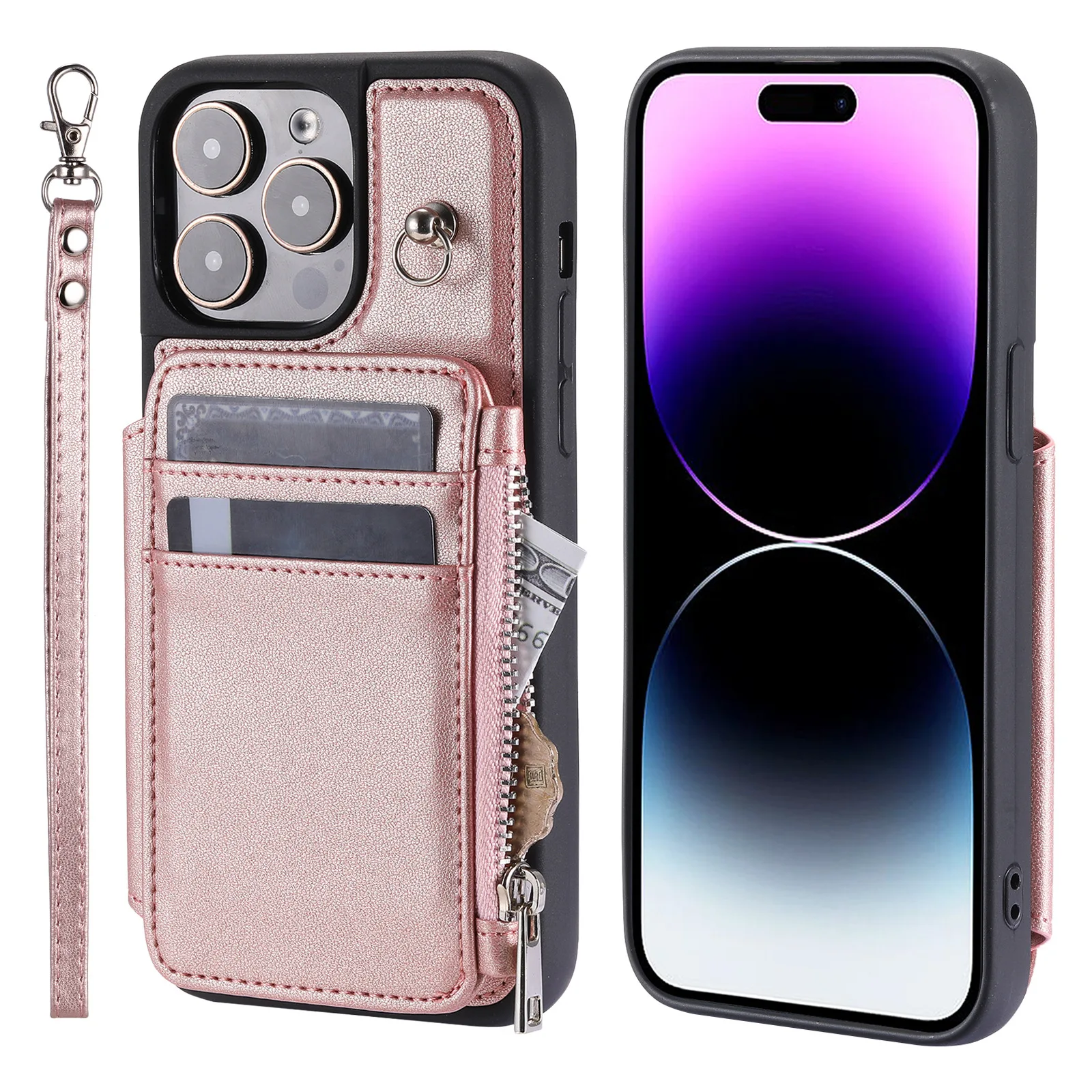 Top Quality Business Style Card Slot Zipper PU Leather Phone Case for iPhone 15 14 13 12 11 Plus Pro Max Wrist Strap Back Cover