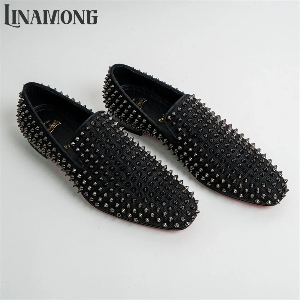 Full Rivet Loafers for Men Sharp Spikes Black Suede Dress Shoes Fashion Punk Style Comfortable Slip-On Men Flats Daily Footwear