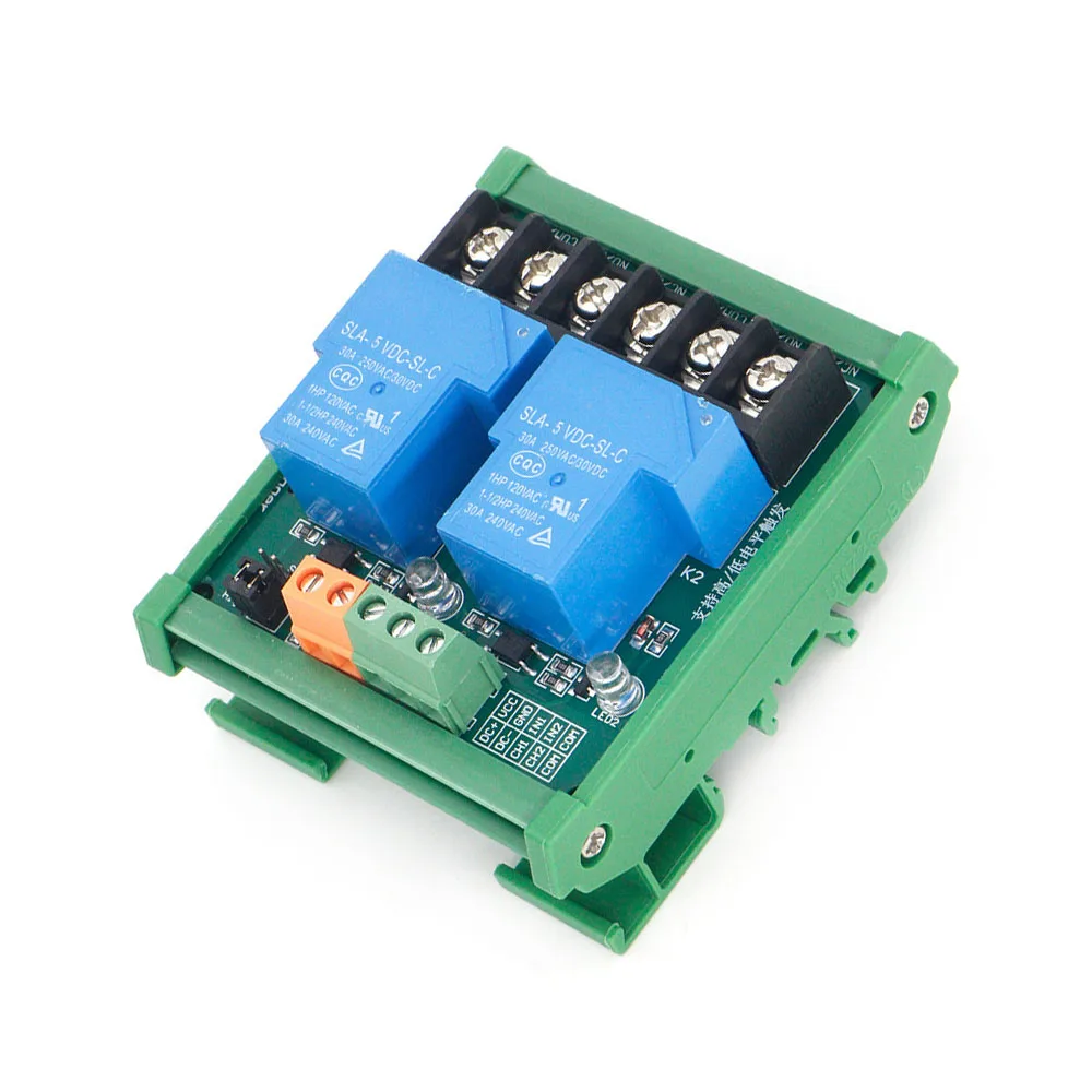 

5V 12V 24V 2 Channel Relay Module 30A with Optocoupler Isolation High and Low Level Trigger for Smart Home PLC with Guide Rail