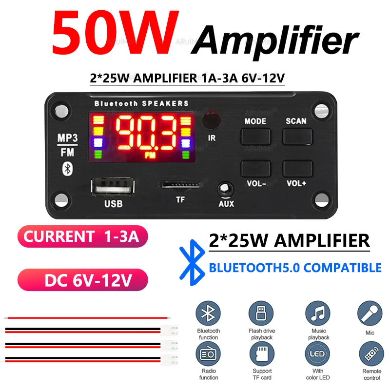 50W Bluetooth Amplifier Board, 2×25W Stereo Audio Amp with MP3 Player, USB/TF/FM/AUX, Mic & Remote, DC6-12V