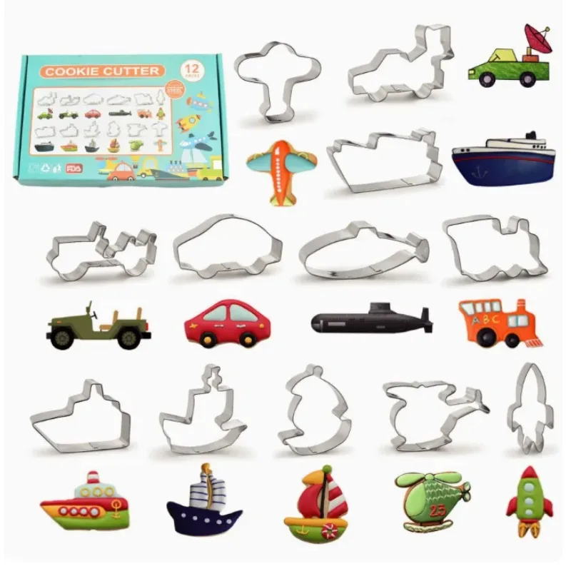12PCS Transport Vehicle Cookie Cutter Set Stainless Steel Kids Baking Molds for Cookie Fondant Bread Professional Kitchen Tool