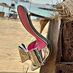Pantofole con sottopiede rosa con nodo a farfalla Tacchi alti a spillo da donna Scarpe a punta in pelle verniciata argento Pantofole da donna primaverili sexy