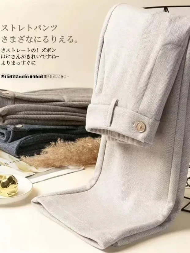 Pantalones de pierna recta de lana para mujer Otoño Invierno Thiened Cintura alta Cierre de botón Fibra de poliéster Versión estrecha Arroz Noodl...