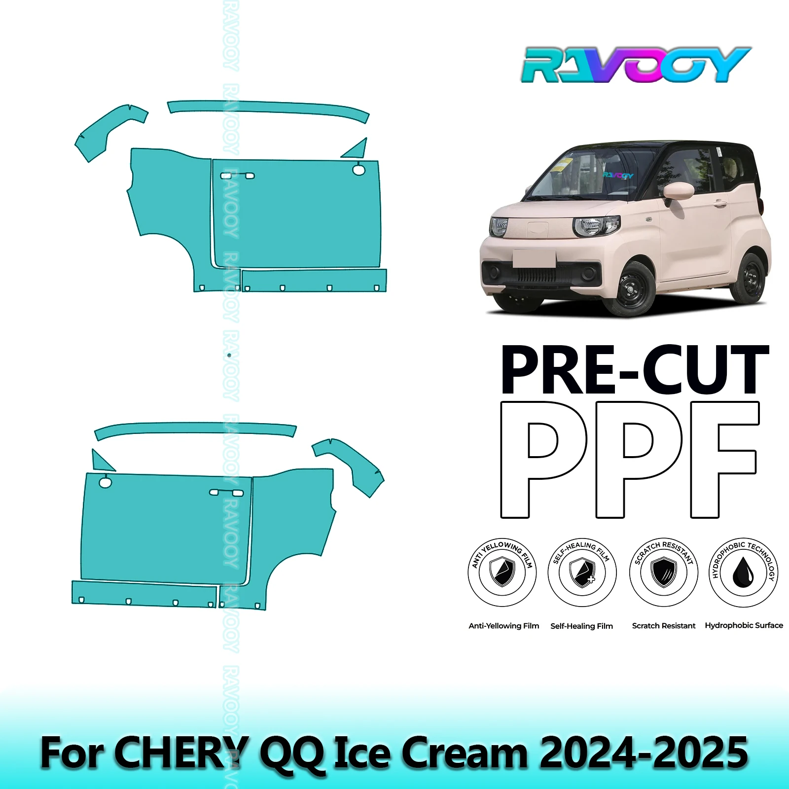 

For CHERY QQ Ice Cream 2024-2025 8.5mil Clear Matte Pre-Cut PPF Door & A/B Pillar Kit TPU Paint Protection Film Set