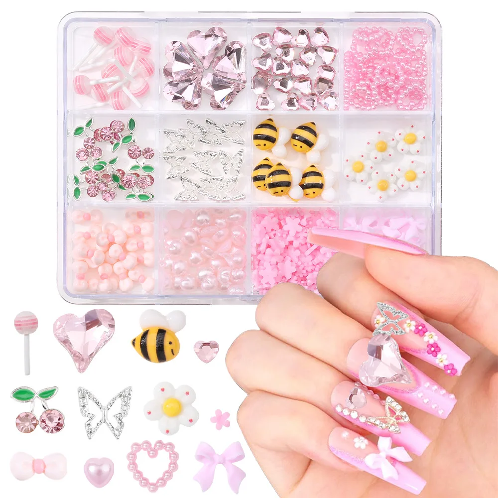 12Grids 3D Mixed Bow/Herz/Schmetterling Nagel Charms mit Diamant Legierung Band, Kirsche, Mond Nail art Dekorationen DIY Maniküre Teile &