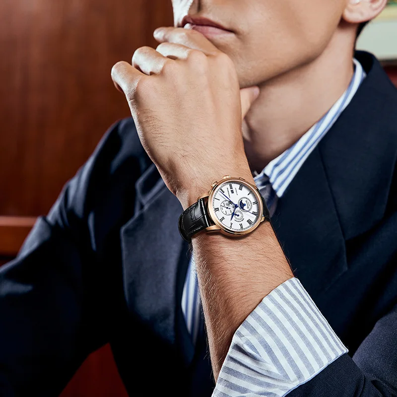 DITALING Men Automatic Watch 40MM Luxury Mechanical Wristwatch Vintage Waterproof Sapphire Triple Windows Multifunctions Dial