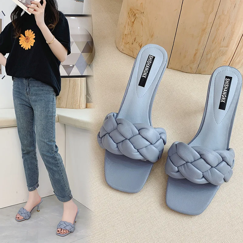 Slippers Women Summer Rubber Flip Flops Shoes Slides Low Heeled Mules Square Toe Pantofle Shallow Fashion Hawaiian High 2024