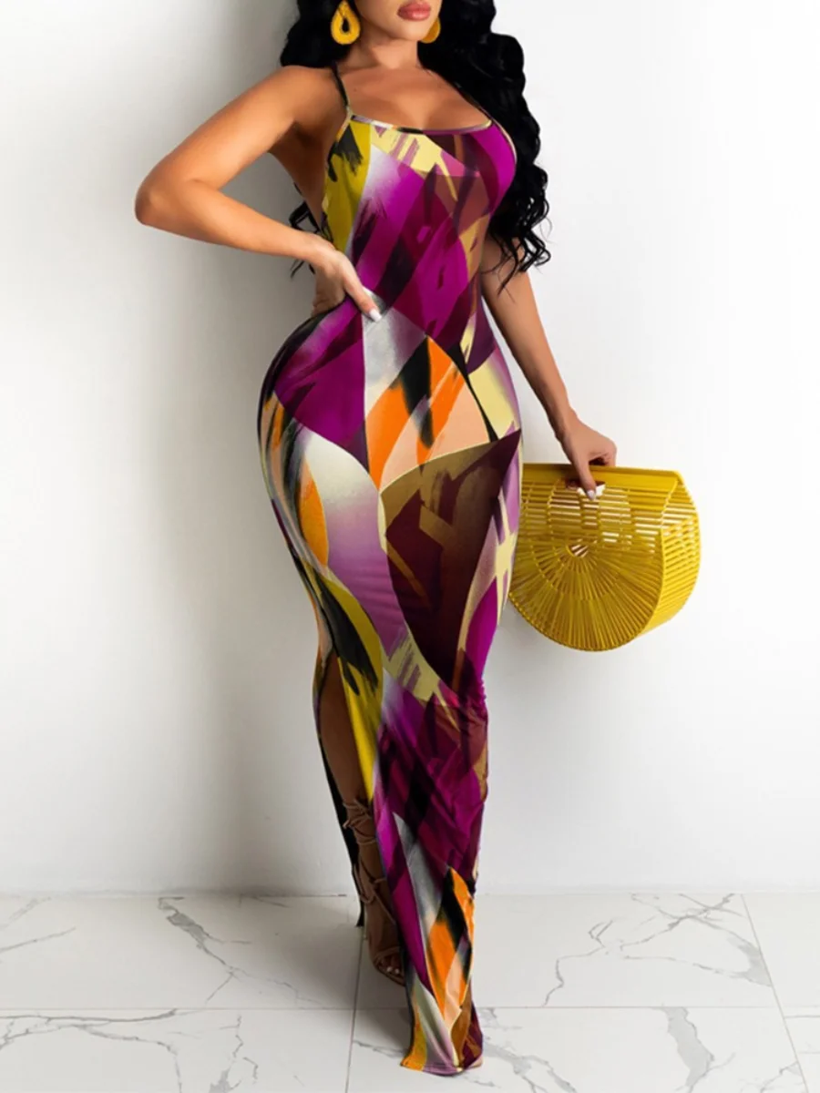 LW summer sexy maxi dress Split Print Patchwork Floor Length Dress vestido Party Dress Sleeveless Spaghetti Strap Backless Dress