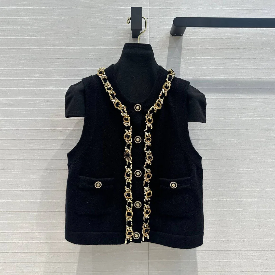 Luxury Gold Metal Chains 100% Cashmere Tank Cardigan Sweater Women V-neck Sleeveless Buttons Vintage Knit Sweater Vest