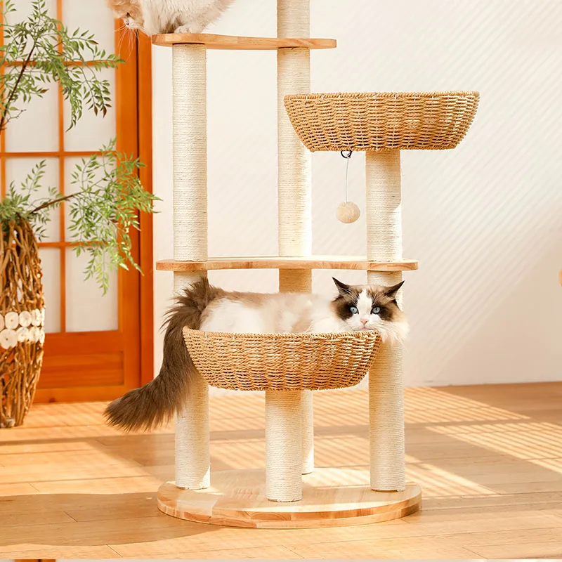 Solid Wood Cat Tower Tree Nest Game Climbing Frame Hammock Scratching Post Cats Mat Sofa Products Pet Products for Kittys