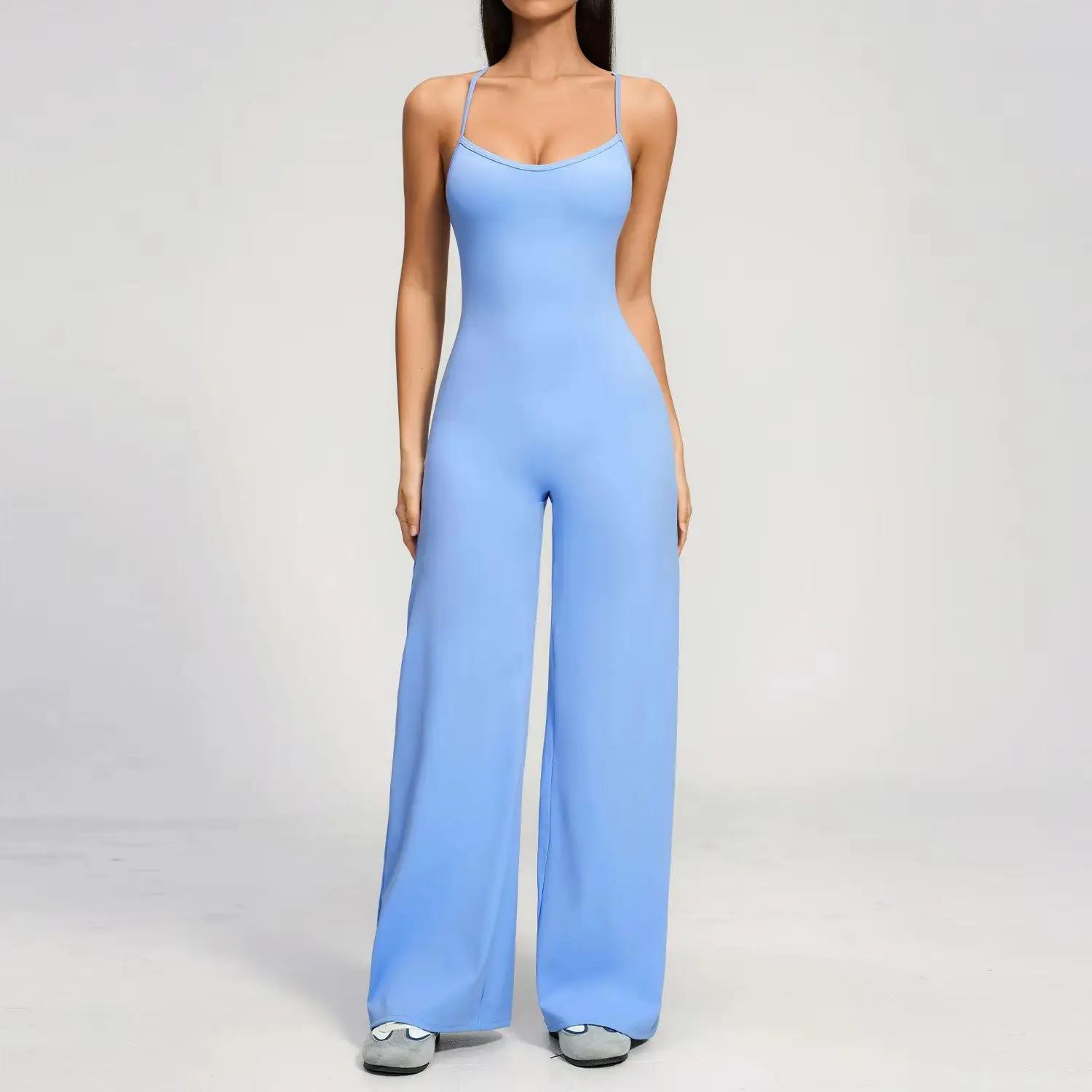 Women Thin Strap Cross Back Hollow Cutout Flare Leg Yoga Bodysuit Stretch Jumpsuit Gym Pilates Running Training Fitness Romper