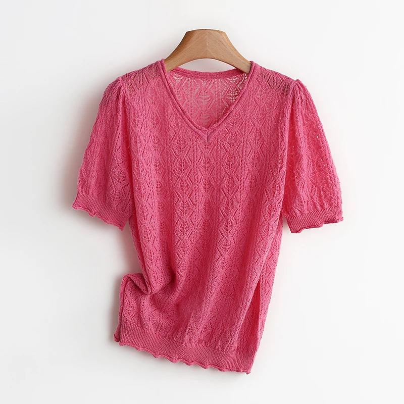 ملابس تريكو نسائية ذات لون بسيط على شكل حرف V مفرغة لخريف 2025 جديدة من الألياف الدقيقة #4