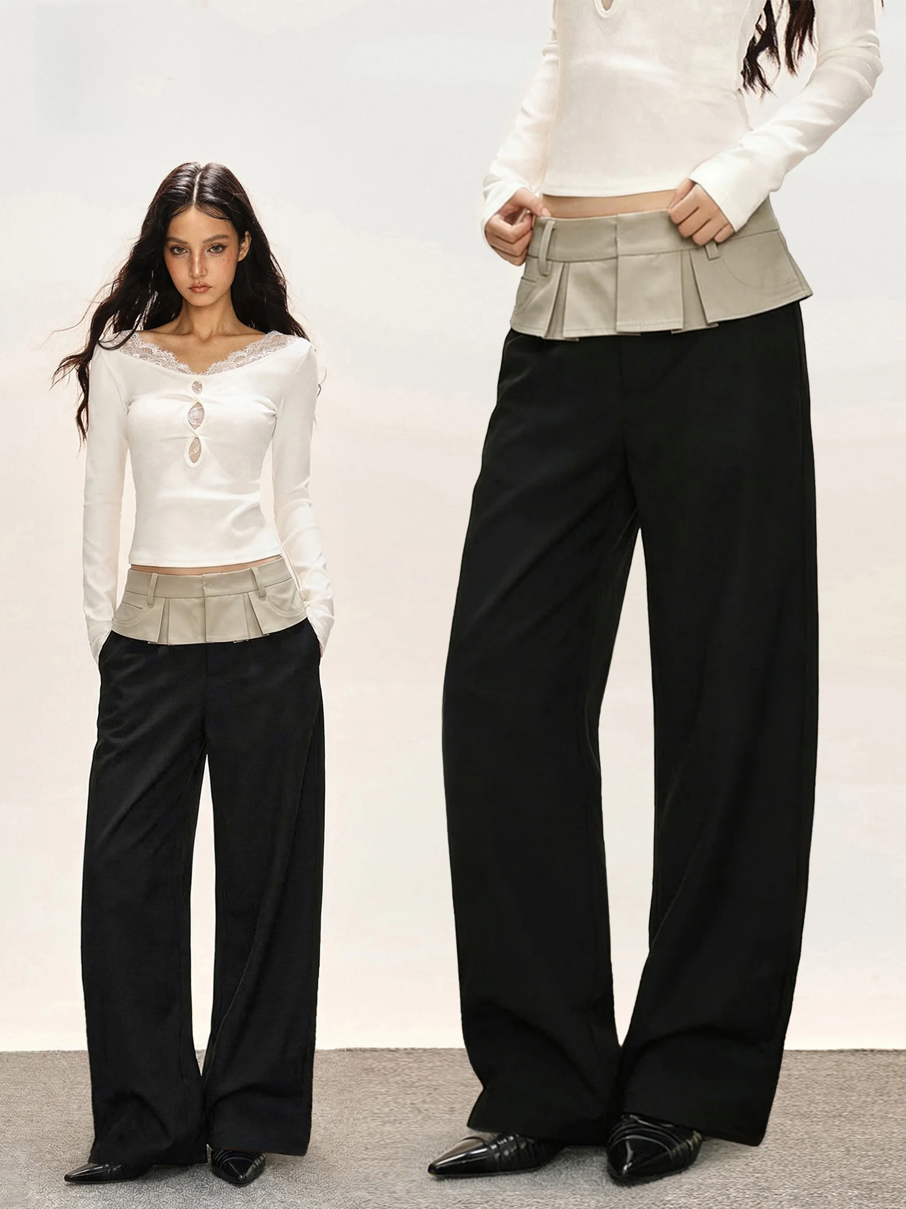 

Женские летние брюки-палаццо в американском стиле с эффектом двухслойности, с цветными блоками и дизайнерским поясом, свободного кроя, прямые, широкие штанины