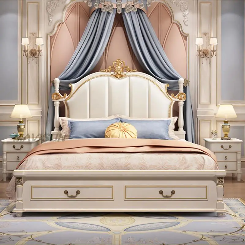 European Style Princess Double Bed Modern Master Bedroom Bed Solid Wood Leather Furniture Set King Size Bed For Villa