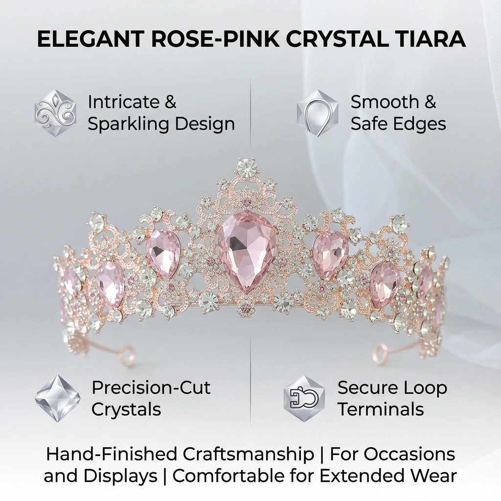 Elegant Tiara Hairband for Bridal Wedding Party Pageant Photo Shoot Pink Alloy Crown Headband Romantic Accessory view 3