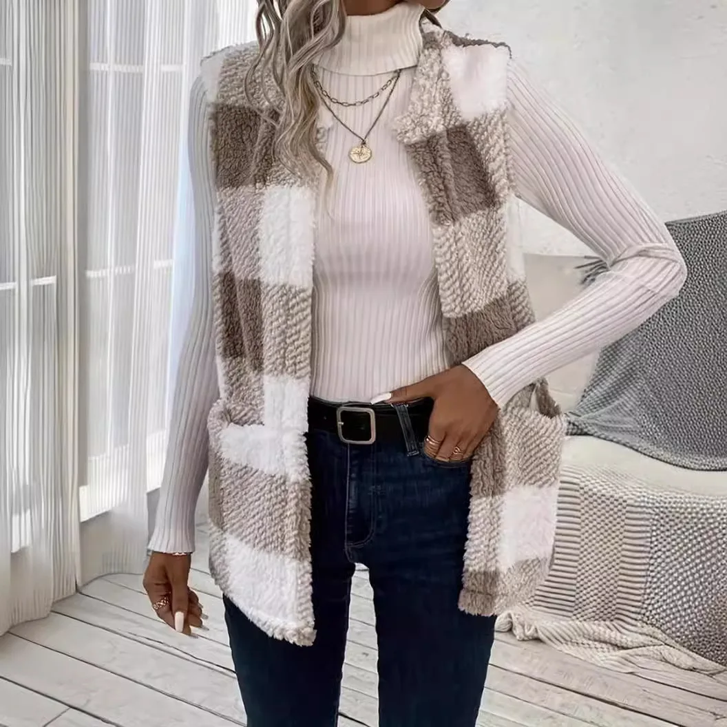 

Autumn Winter Ladies' Vest Collection Casual Jacket Women's Coats Plaid Print Teddy Fleece Open Front Round Neck Vest Clothing