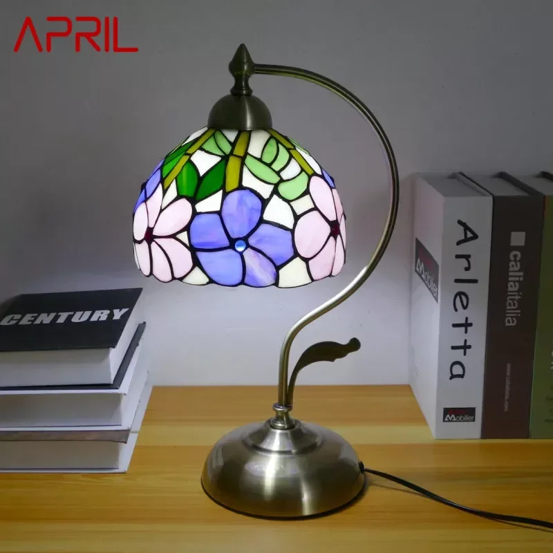 APRIL Tiffany Table Lamp American Retro Living Room Bedroom Lamp Luxurious Villa Hotel  Stained Glass Desk Lamp