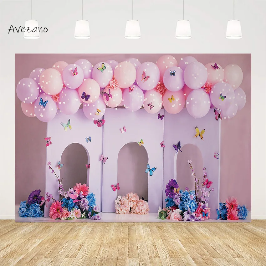 

Avezano Photography Background Girl Birthday Backdrop Flight Pink Balloons Butterflies Cake Smash Party Decoration Photo Props