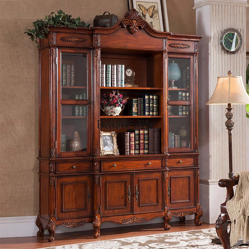 American solid wood bookcase luxury European retro large capacity multi-layer bookcase