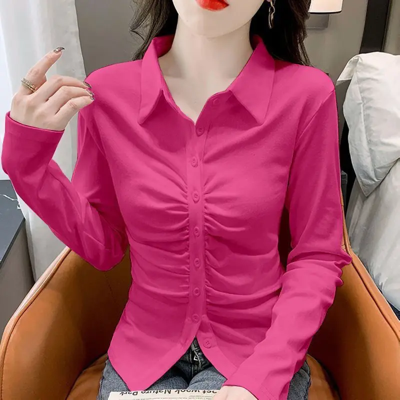 

Women's Clothing 2025Autumn Winter Loose Elegant Tops Office Lady Blouses Fashion Lapel Solid Color Button Folds Shirtsyh