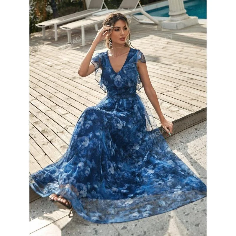 

Neutral Style Vneck Floral Chiffon Party Dress Evening Gown Cross Border Harajuku Pants Casual Wear for Women