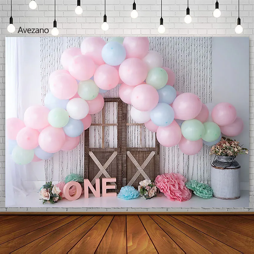 

Newborn 1st Birthday Backdrop Portrait Decor Pink Balloon Floral Wood Cake Smash Backgrounds for Photography Photos Photoshoot