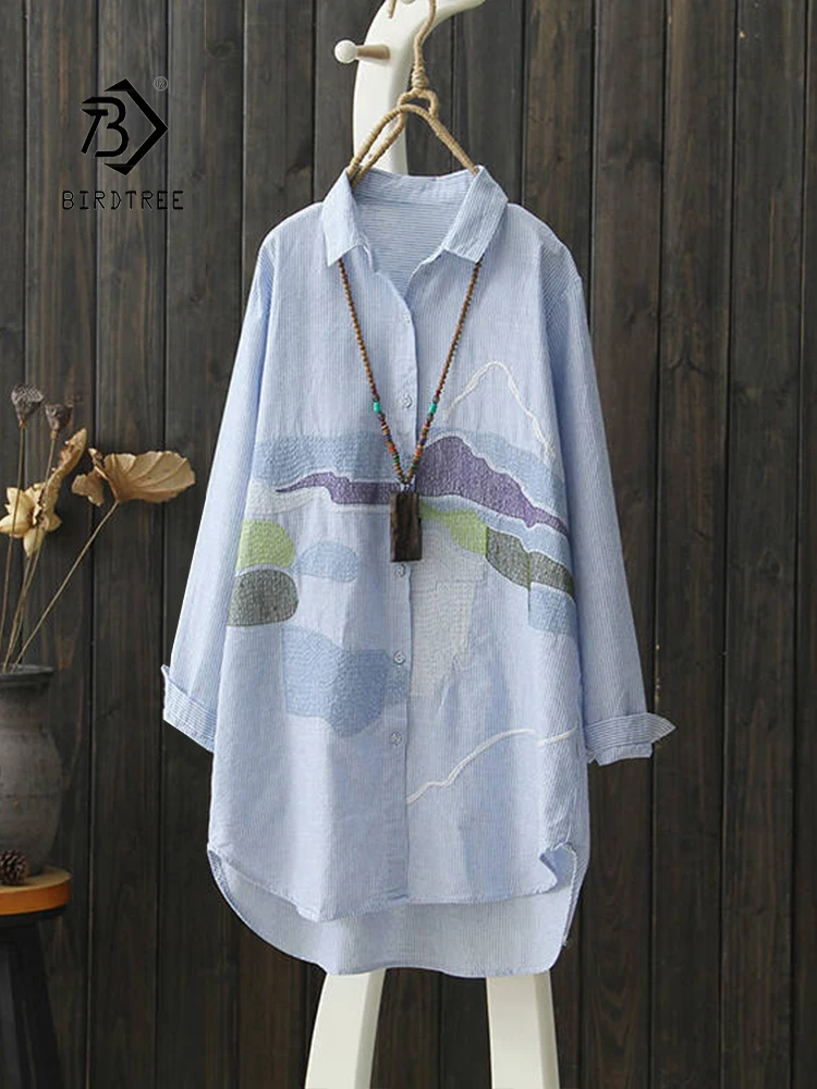 2022 Autumn Women Vintage Striped Cotton Embroidery Long Shirt Turn Down Collar Button Up Blouse Casual Wear Basic Loose Tops