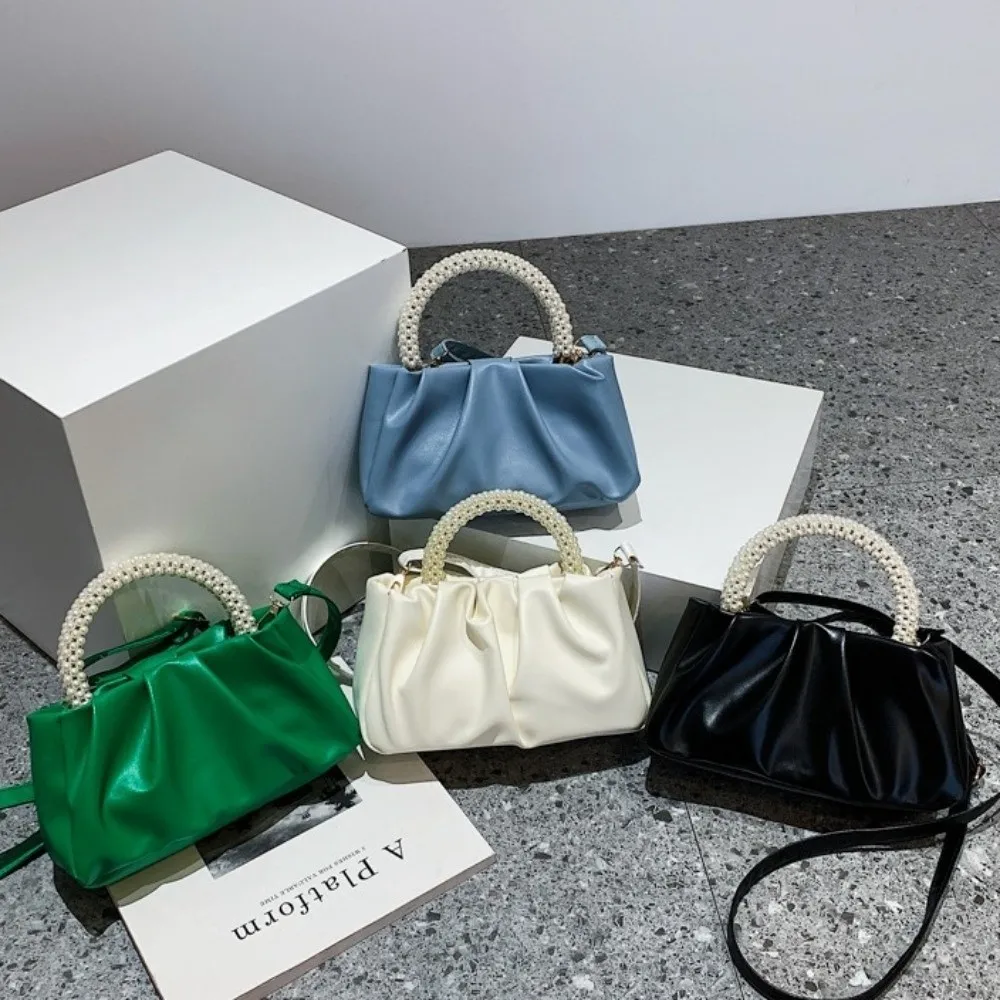 

Dumpling Bag Korean PU Cloud Bag PU Leather Imitation Pearl Women Shoulder Bag Wrinkled Large Capacity PU Leather Pearl Handbag