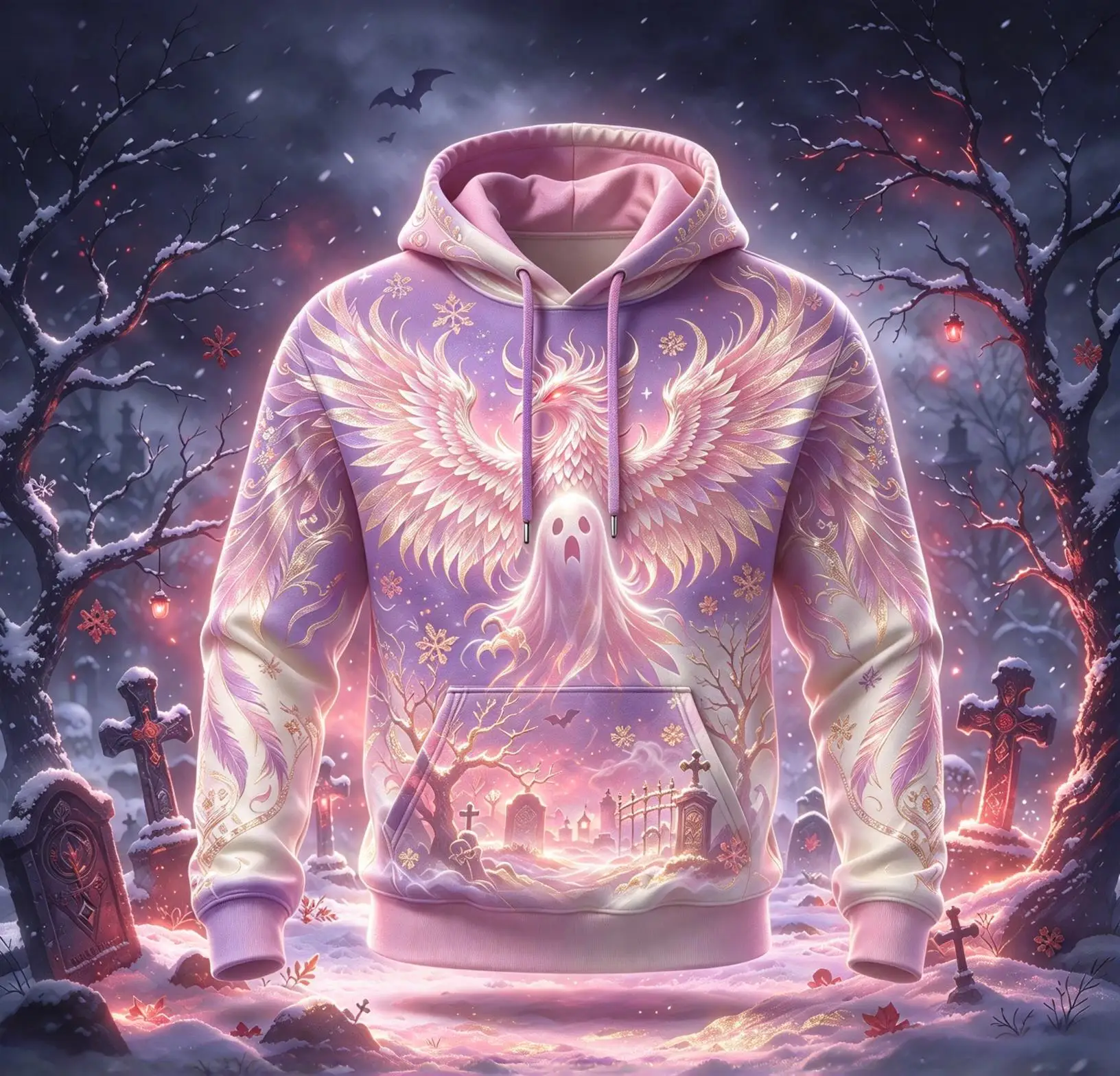 Mens Gothic Raven Ghost All Over Print Hoodie, Halloween Graveyard Dead Tree Sweatshirt, Fleece Lining Hooded Party Top
