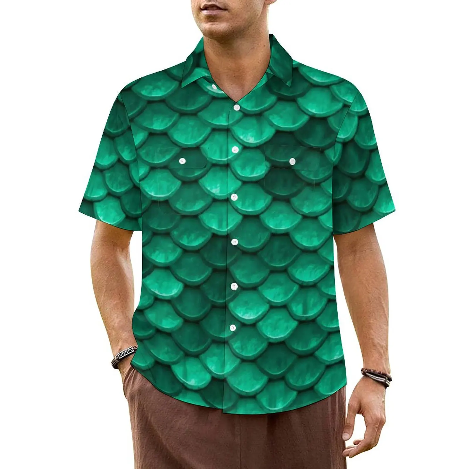 

Mermaid Green Vacation Shirt Beautiful Fish Scales Hawaiian Casual Shirts Male Retro Blouses Short Sleeve Breathable Clothing