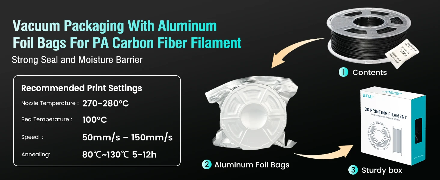 SUNLU 3 kg Easy-PA/PA6-CF/ PA12-CF Filament 1,75 mm 1 kg Spule Kohlefaser-strukturiertes Nylonfilament für Industrieteile und 3D-Drucker – Detail 17