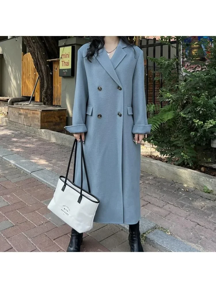 2022 Winter Double Breasted Long Handmade 100% Wool Coat Women Korean Style High End Suit Collar Loose Woolen Jacket Overcoat