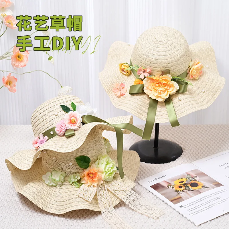 Summer Floral Wave Straw Hat DIY Kit, Adult Silk Flower Decor Sun Hat, Handmade Craft Material Pack for Holiday Gift