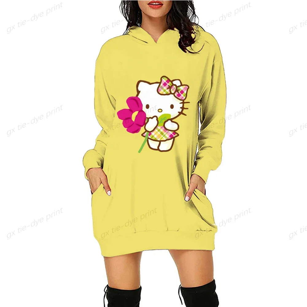 Japan Anime Hoodies Dresses Women Sweatshirts Hello Kitty Print Autumn Long Pocket Print Sweatshirts Tops Casual Ladies Pullover