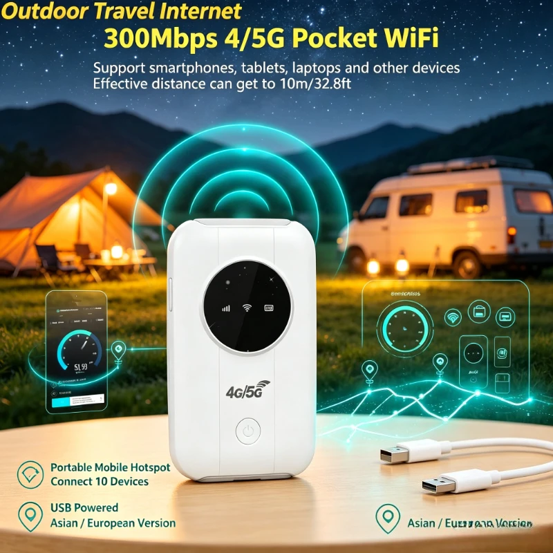 300Mbps 4/5G Portable Router, USB Powered Pocket WiFi, Mobile Hotspot, Asian/European Version