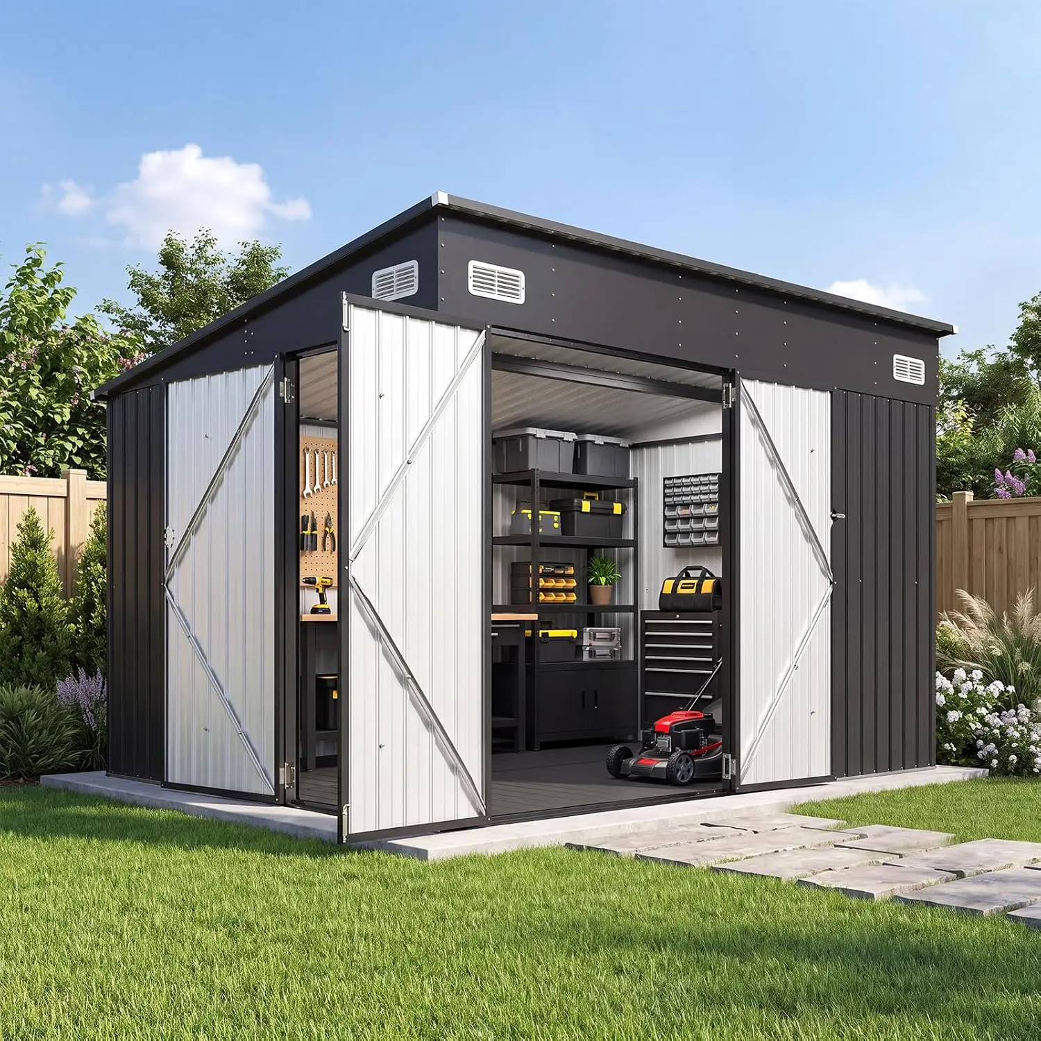 Outdoor Storage Shed 9.5'x7.5' with 3 Lockable Doors & 14mm PP Floor, Customized