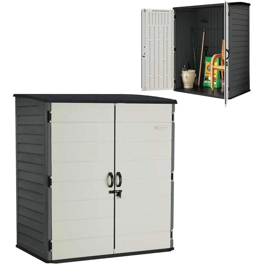 

Очень большой 106 Cu. футов. Пластиковый навес для уличного хранения из смолы с наполом, запираемыми дверцами, устойчивый к атмосферным воздействиям для садовых инструментов и патио F