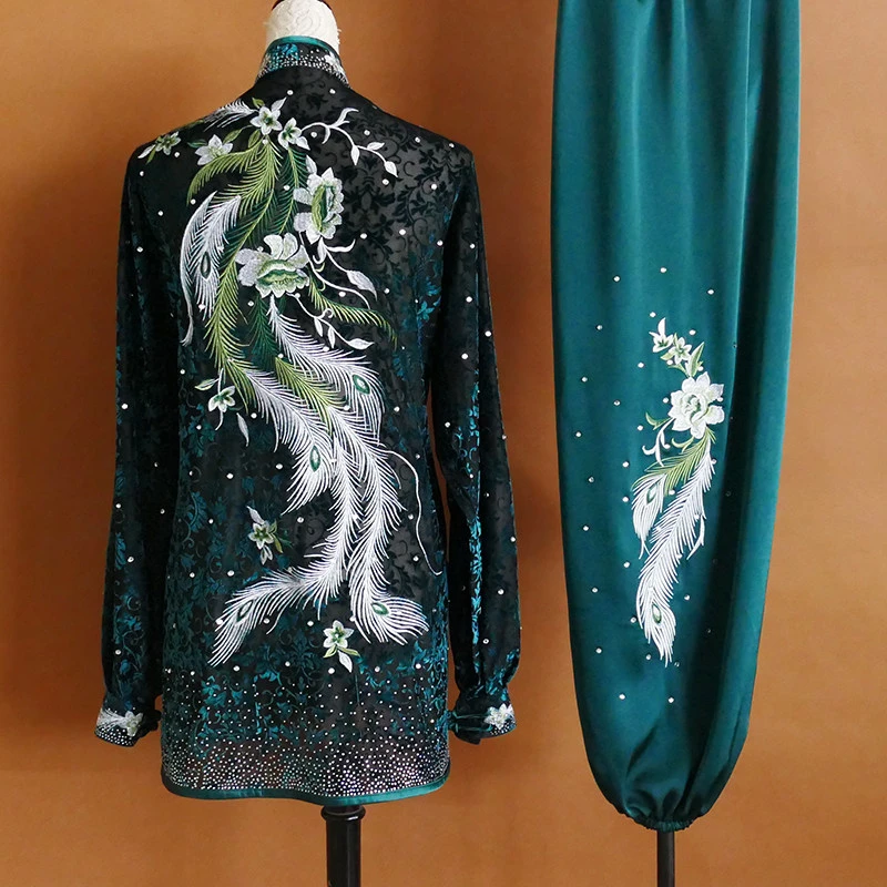 New Embroidered Floral Tai Chi Uniform Men Women Competition Performance Suit Rhinestone Baduanjin Team Costume Kids Custom