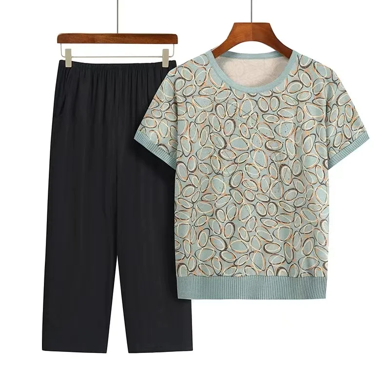 Fdfklak Summer New 2023 Round Neck Floral Mother Dress Printed Two-piece Women Short-sleeved Blouse Loose Casual Suit Pajamas