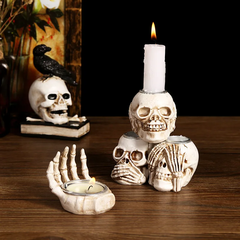 Halloween Skull Candle Holder Resin Candlestick Ornament Halloween Party Home Desktop Decoration Gift Haunted House Horror Props