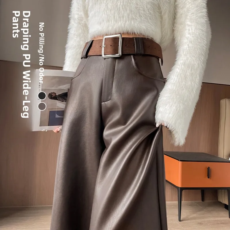 Bla Fce اصطف بولي بنطال بنطال جلدي المرأة عالية الخصر واسعة الساق مستقيم قطع Thiened ماتي الخريف الشتاء جديد Sle عادية T...