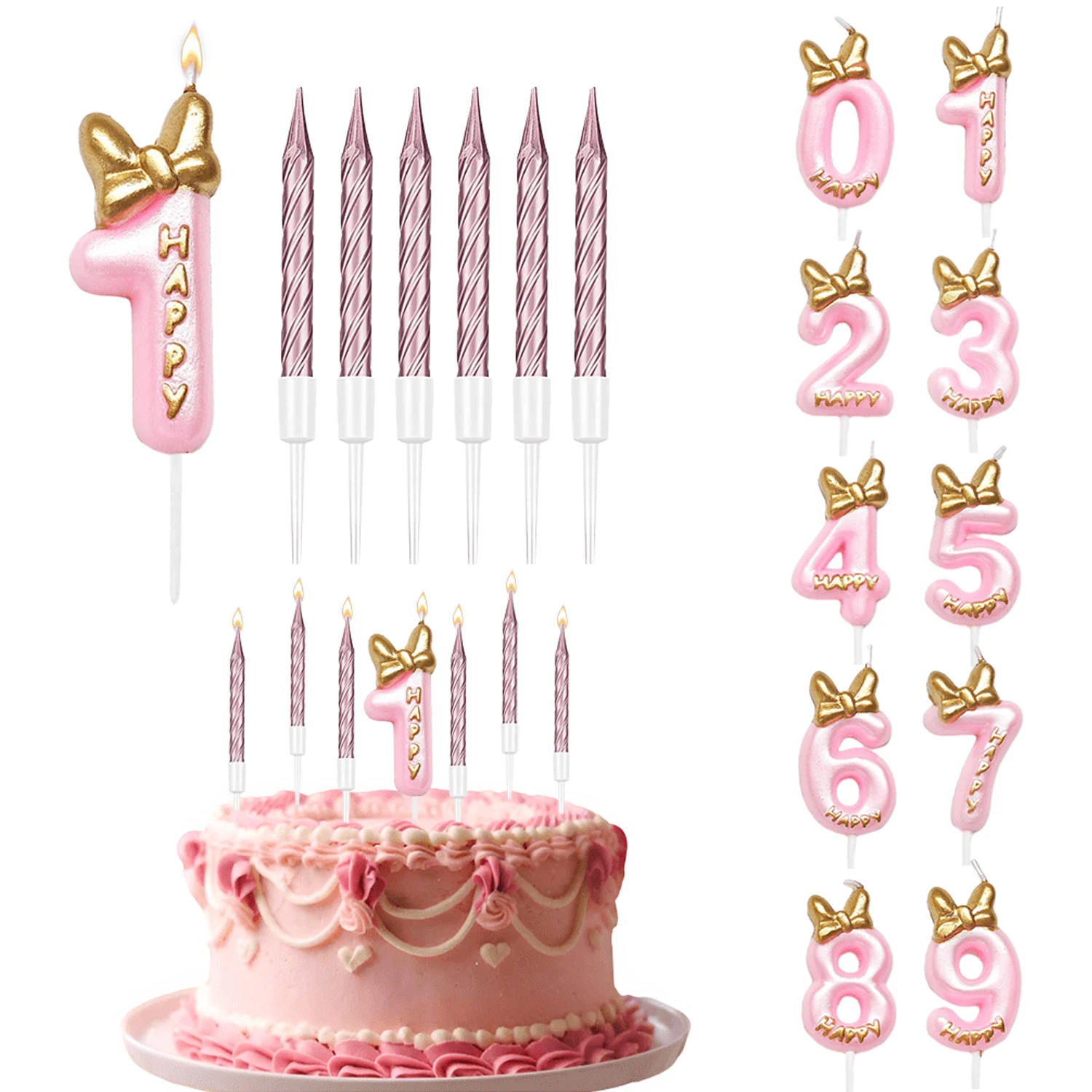 Number 1-9 Birthday Candle Pink Birthday Candle Girl Cupcake Candles in Holders for Cake Topper Birthday Baking Decor Supplies