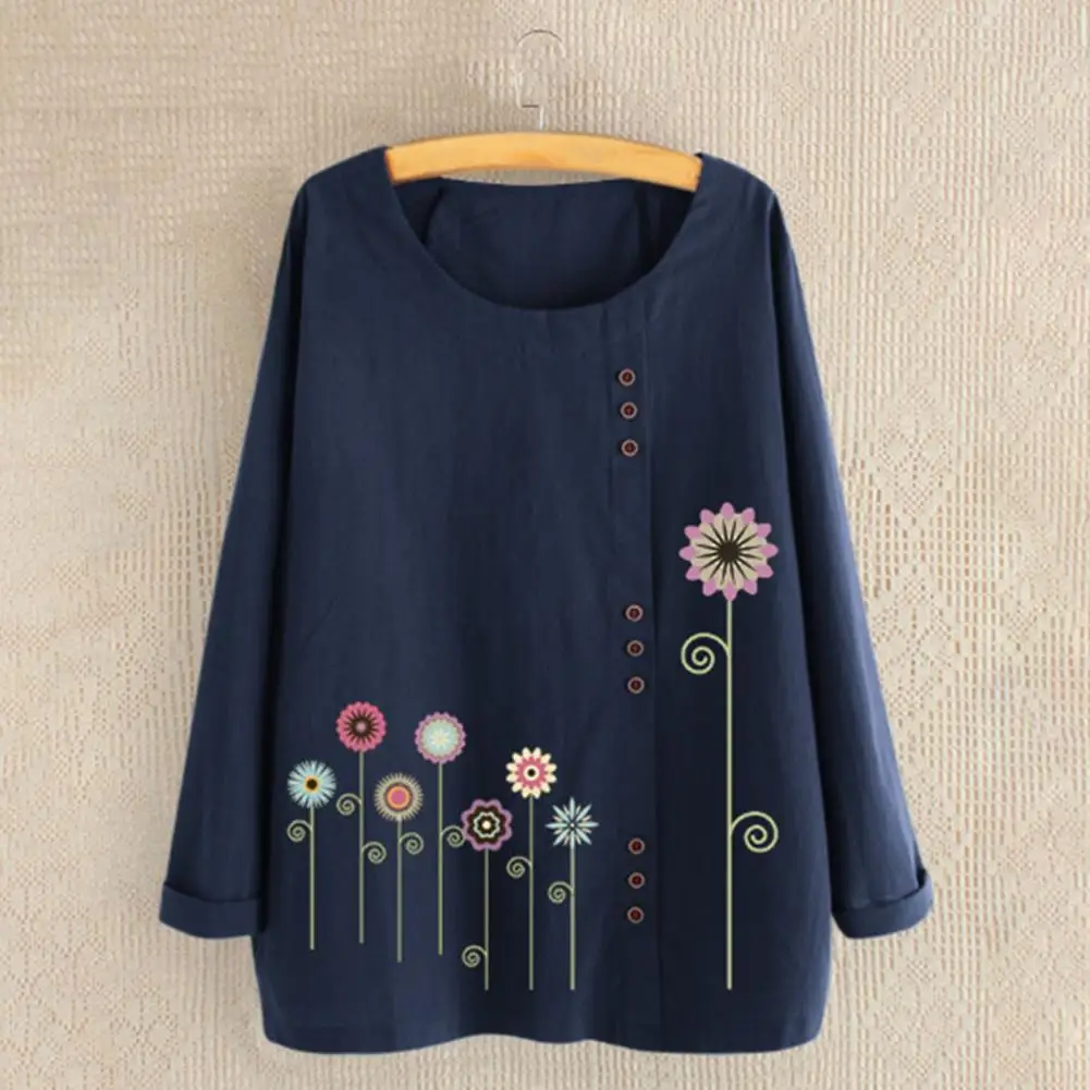 2022 Shirt Woman Casual Cotton O-Neck Long Sleeve Loose Fit Women Blouse Elegant Flower Print Buttons Decor Shirt Top Streetwear