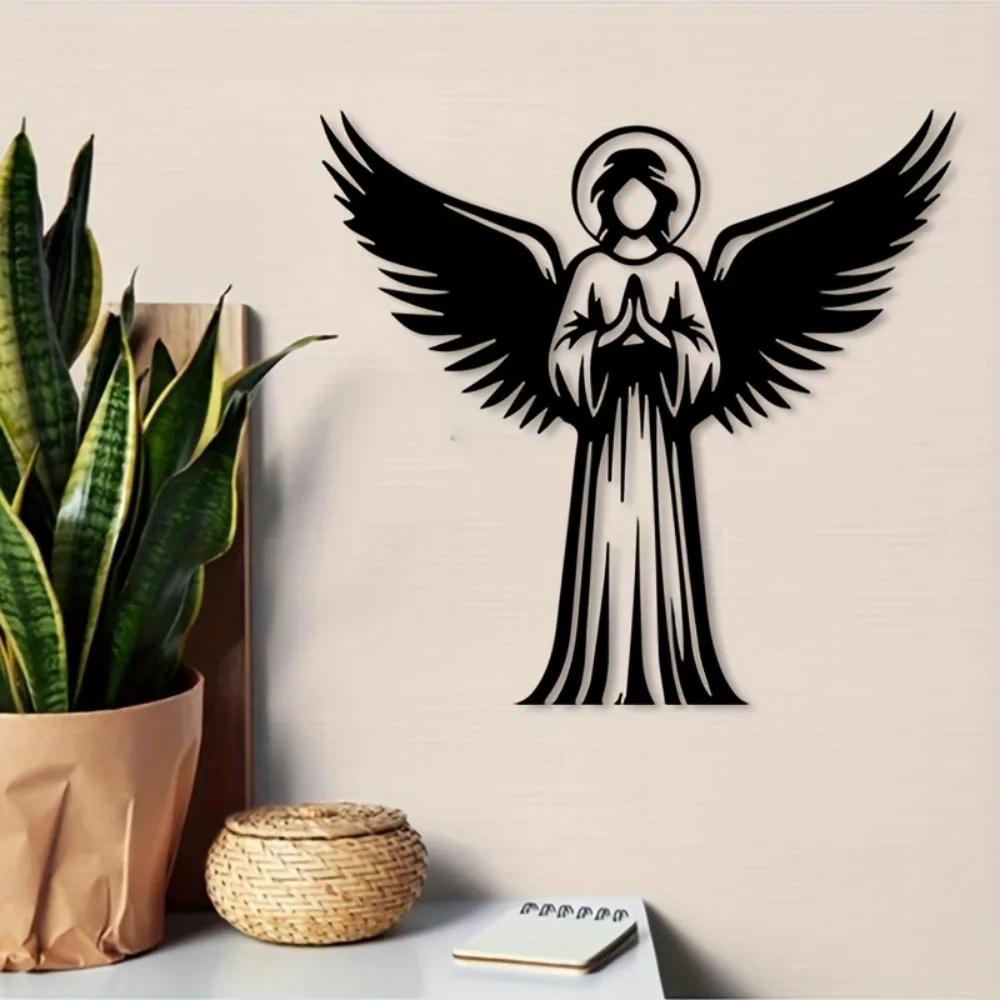 CIFBUY Iron Wall Art Angel Wings Halo Metal Sculpture Rustproof Hanging Plaque Retro Religious Home Decor Ornament
